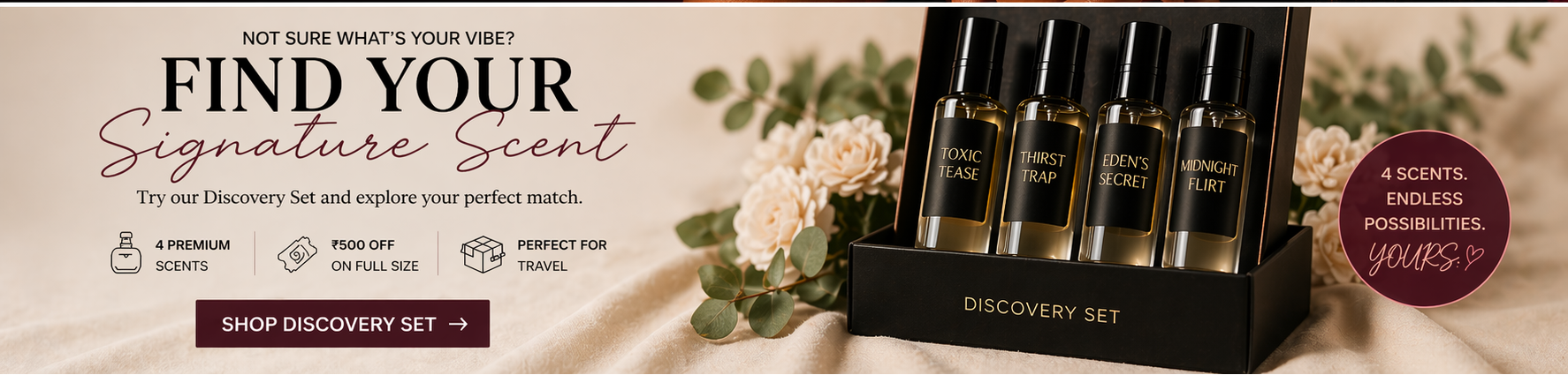 Advertisement for perfume with a woman holding a perfume bottle and text about scents.